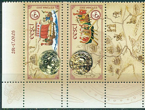 Эстония, Украина, 2003, Путь из варягов в греки, Викинги, 2 марки с купоном Эстония, Украина, 2003, Путь из варягов в греки, Викинги, 2 марки с купоном